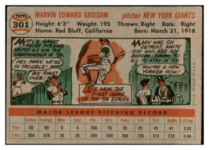 1956 Topps Baseball #301 Marv Grissom Giants EX-MT 535341