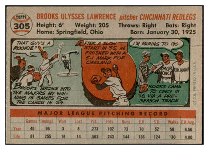 1956 Topps Baseball #305 Brooks Lawrence Reds EX-MT 535347