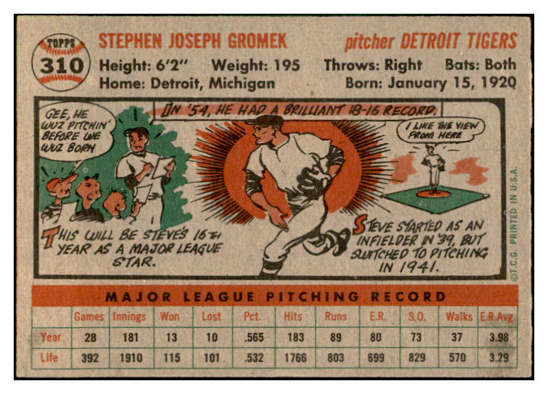1956 Topps Baseball #310 Steve Gromek Tigers EX-MT 535354