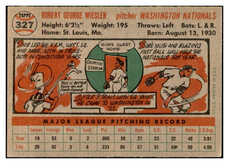 1956 Topps Baseball #327 Bob Wiesler Senators EX-MT 535374
