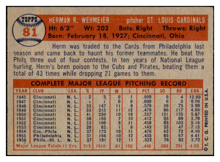1957 Topps Baseball #081 Herm Wehmeier Cardinals EX-MT 535426