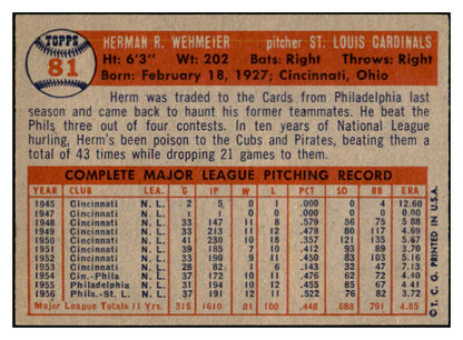 1957 Topps Baseball #081 Herm Wehmeier Cardinals EX-MT 535426