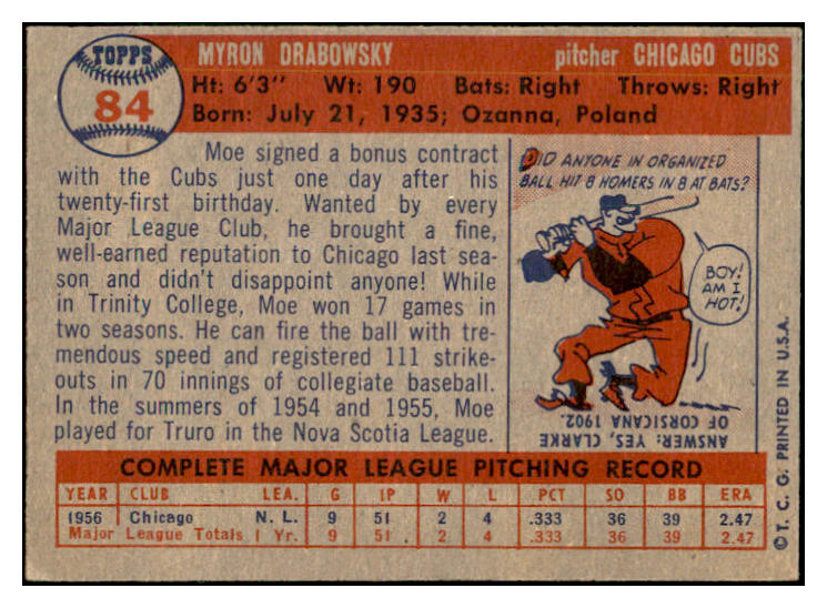 1957 Topps Baseball #084 Moe Drabowsky Cubs EX-MT 535427