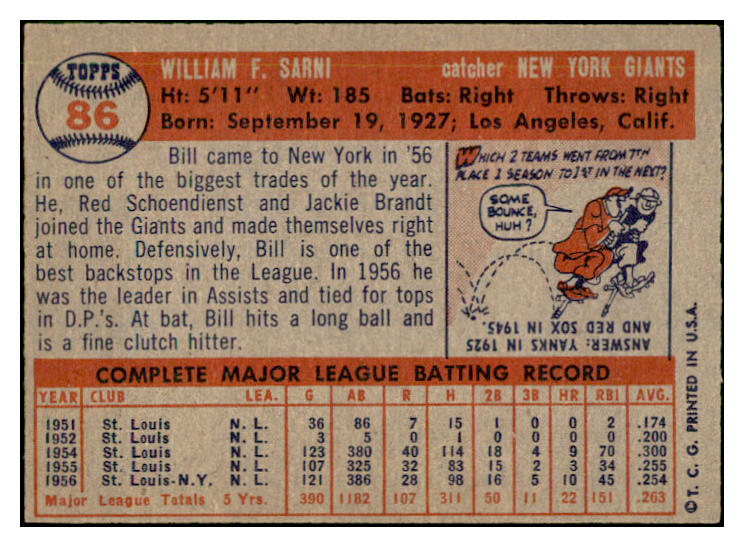 1957 Topps Baseball #086 Bill Sarni Giants EX-MT 535428