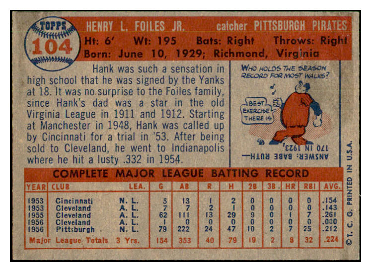 1957 Topps Baseball #104 Hank Foiles Pirates EX-MT 535431