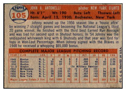 1957 Topps Baseball #105 Johnny Antonelli Giants EX-MT 535432
