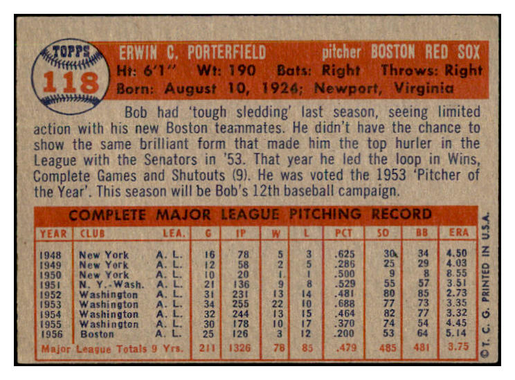 1957 Topps Baseball #118 Bob Porterfield Red Sox EX-MT 535437