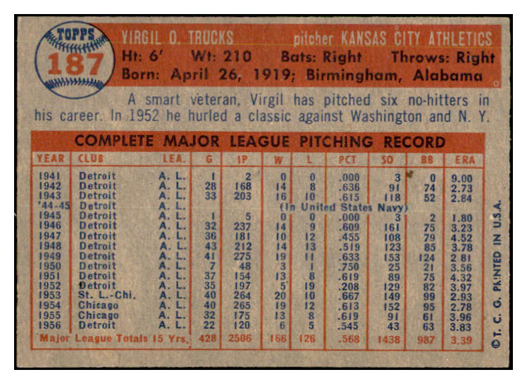 1957 Topps Baseball #187 Virgil Trucks A's EX-MT 535467