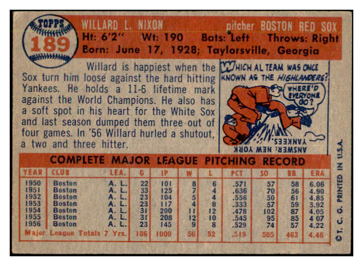 1957 Topps Baseball #189 Willard Nixon Red Sox EX-MT 535468
