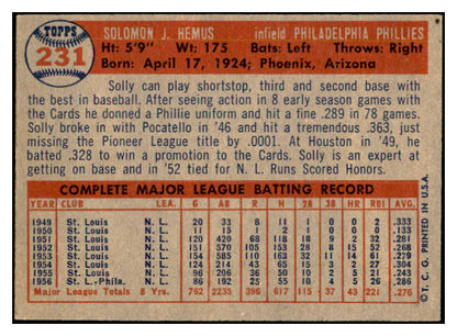 1957 Topps Baseball #231 Solly Hemus Phillies EX-MT 535486