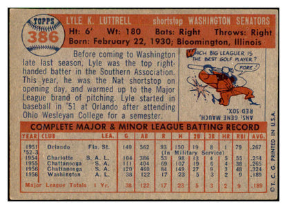 1957 Topps Baseball #386 Lyle Luttrell Senators EX-MT 535523