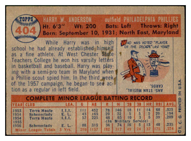 1957 Topps Baseball #404 Harry Anderson Phillies EX-MT 535534