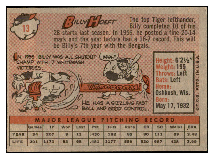 1958 Topps Baseball #013 Billy Hoeft Tigers EX-MT 535543