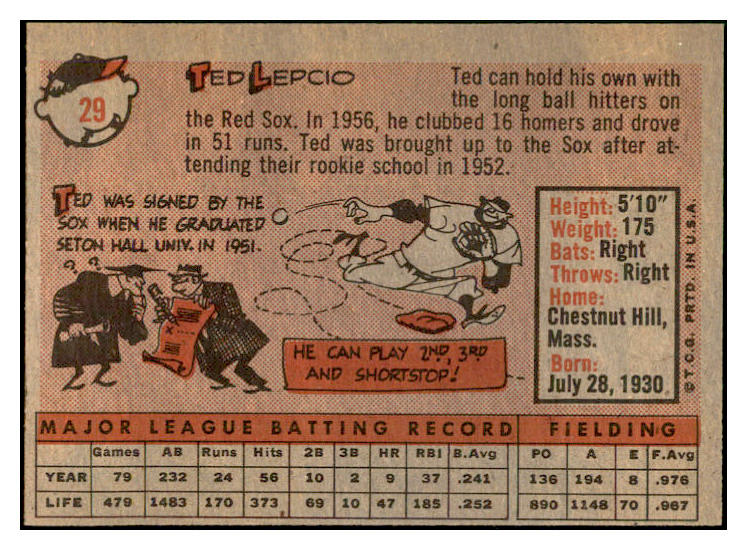 1958 Topps Baseball #029 Ted Lepcio Red Sox EX-MT 535559