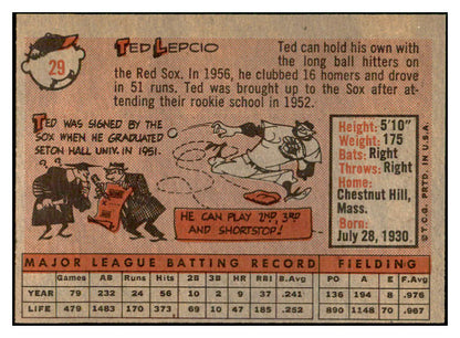 1958 Topps Baseball #029 Ted Lepcio Red Sox EX-MT 535559