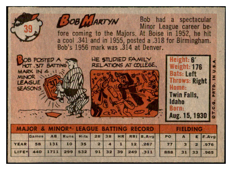 1958 Topps Baseball #039 Bob Martyn A's EX-MT 535573