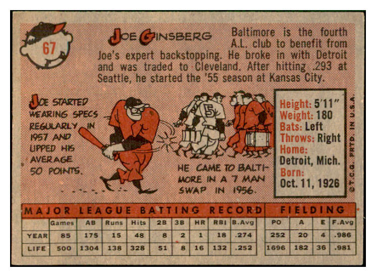1958 Topps Baseball #067 Joe Ginsberg Orioles EX-MT 535606