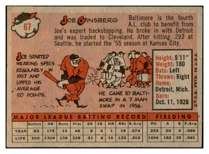 1958 Topps Baseball #067 Joe Ginsberg Orioles EX-MT 535606