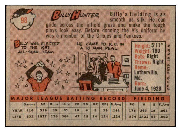 1958 Topps Baseball #098 Billy Hunter A's EX-MT 535637