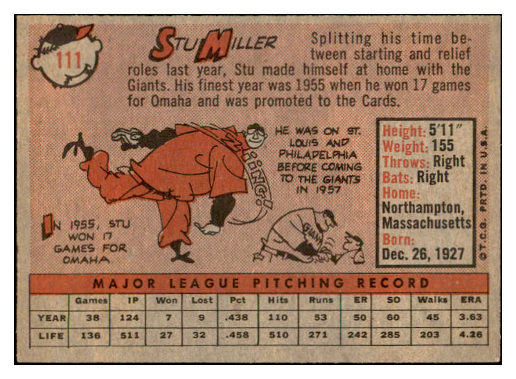 1958 Topps Baseball #111 Stu Miller Giants EX-MT 535653
