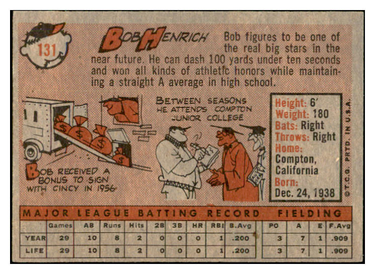 1958 Topps Baseball #131 Bob Henrich Reds EX-MT 535676