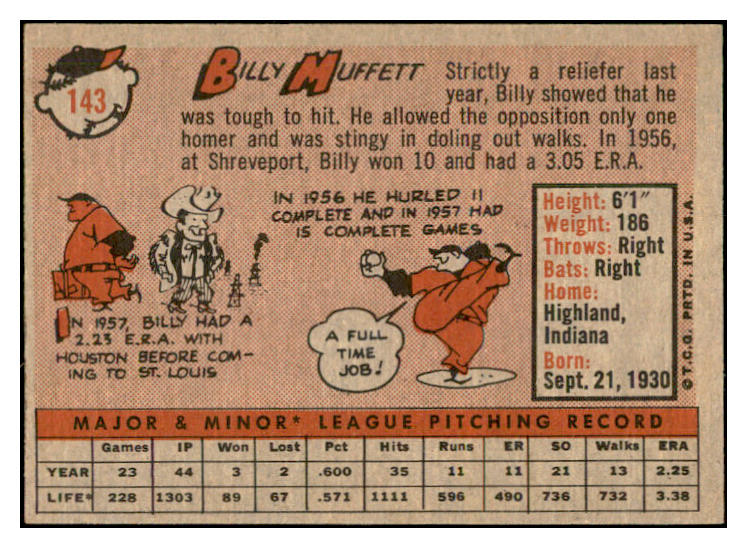 1958 Topps Baseball #143 Billy Muffett Cardinals EX-MT 535691
