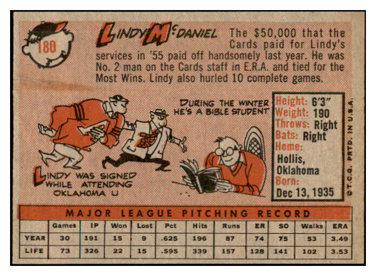 1958 Topps Baseball #180 Lindy McDaniel Cardinals EX-MT 535736
