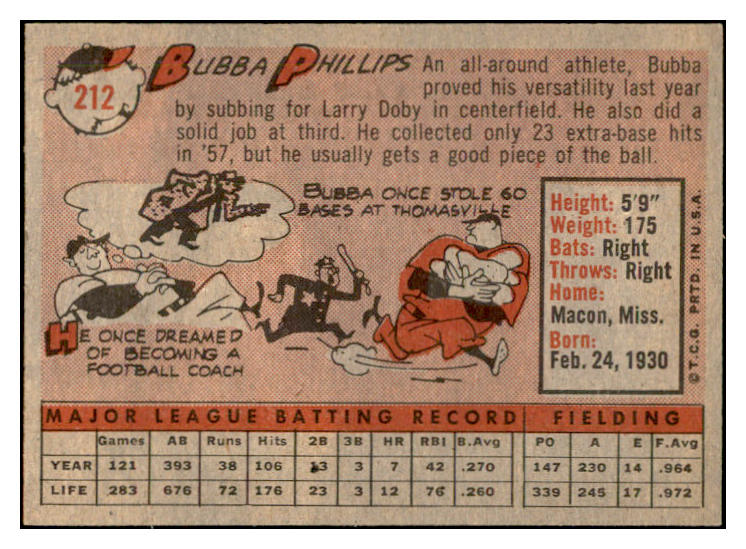 1958 Topps Baseball #212 Bubba Phillips White Sox EX-MT 535783