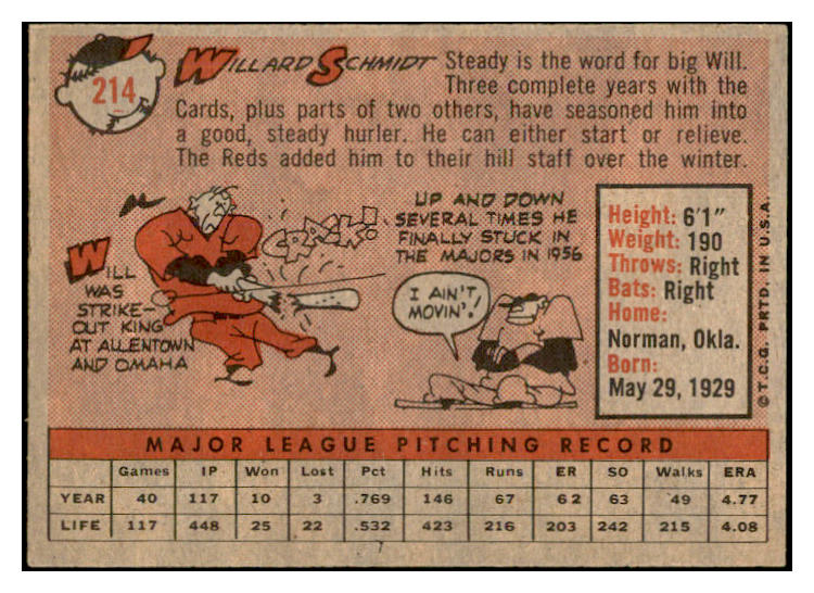 1958 Topps Baseball #214 Willard Schmidt Reds EX-MT 535785