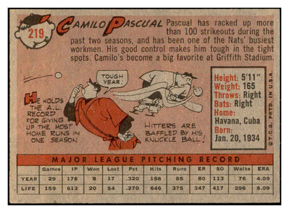 1958 Topps Baseball #219 Camilo Pascual Senators EX-MT 535791