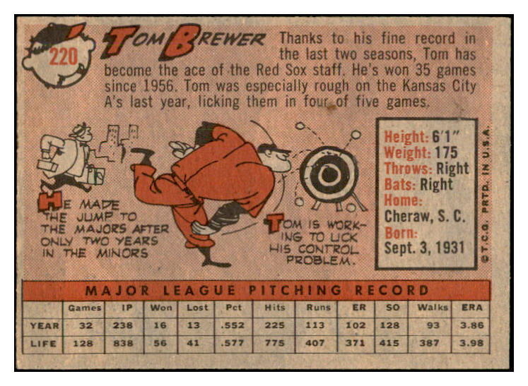 1958 Topps Baseball #220 Tom Brewer Red Sox EX-MT 535792