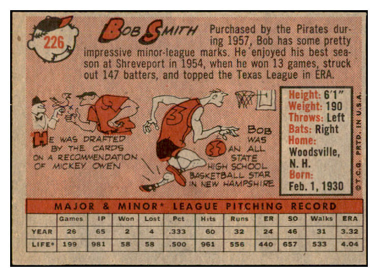 1958 Topps Baseball #226 Bob Smith Pirates EX-MT 535801