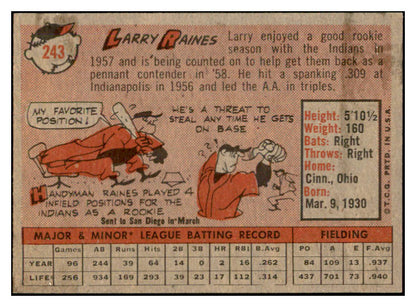 1958 Topps Baseball #243 Larry Raines Indians EX-MT 535826