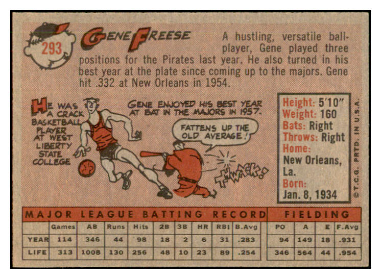 1958 Topps Baseball #293 Gene Freese Pirates EX-MT 535889