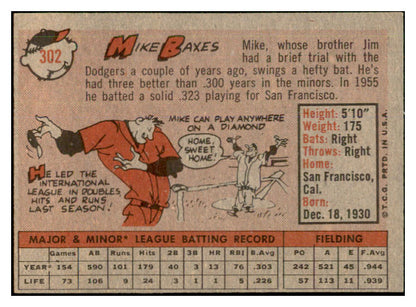 1958 Topps Baseball #302 Mike Baxes A's EX-MT 535897