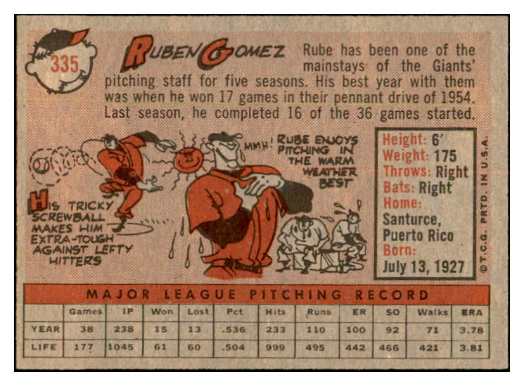 1958 Topps Baseball #335 Ruben Gomez Giants EX-MT 535929