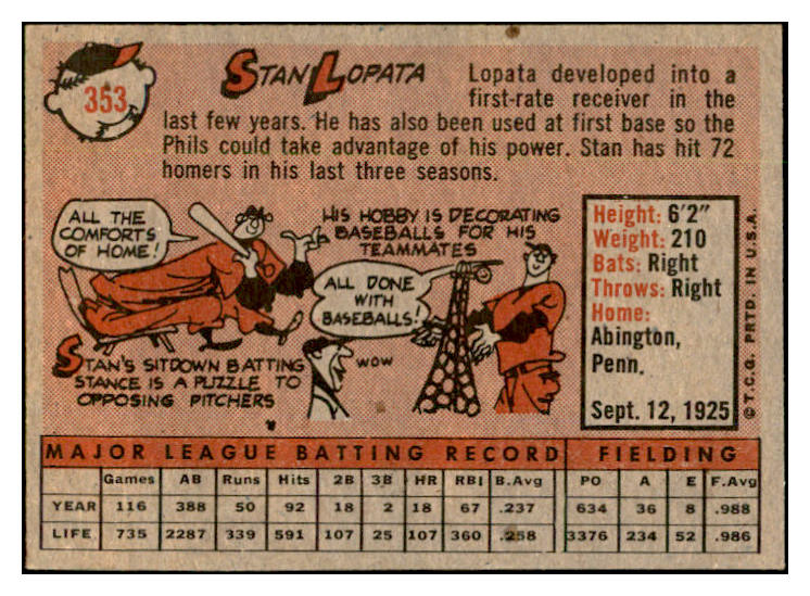 1958 Topps Baseball #353 Stan Lopata Phillies EX-MT 535949