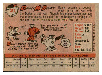1958 Topps Baseball #357 Danny McDevitt Dodgers EX-MT 535955
