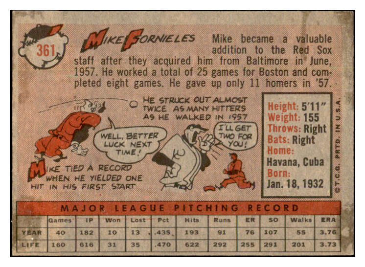 1958 Topps Baseball #361 Mike Fornieles Red Sox EX-MT 535961