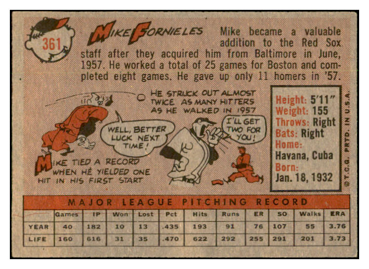 1958 Topps Baseball #361 Mike Fornieles Red Sox EX-MT 535962