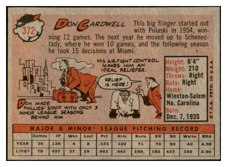 1958 Topps Baseball #372 Don Cardwell Phillies EX-MT 535977