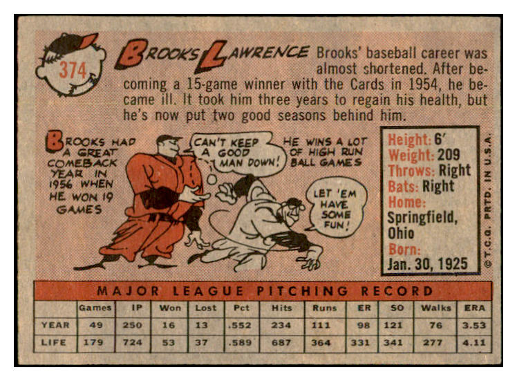 1958 Topps Baseball #374 Brooks Lawrence Reds EX-MT 535981