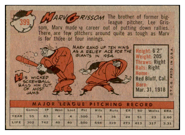 1958 Topps Baseball #399 Marv Grissom Giants EX-MT 536010