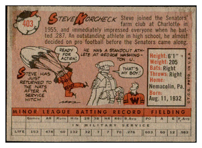 1958 Topps Baseball #403 Steve Korcheck Senators EX-MT 536015