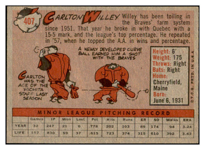 1958 Topps Baseball #407 Carlton Willey Braves EX-MT 536021
