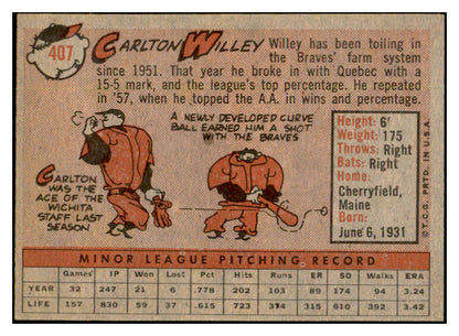 1958 Topps Baseball #407 Carlton Willey Braves EX-MT 536022