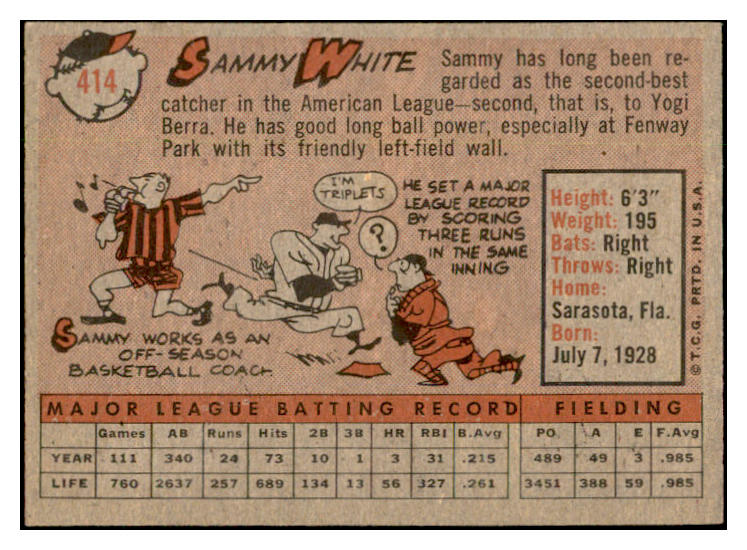 1958 Topps Baseball #414 Sammy White Red Sox EX-MT 536032