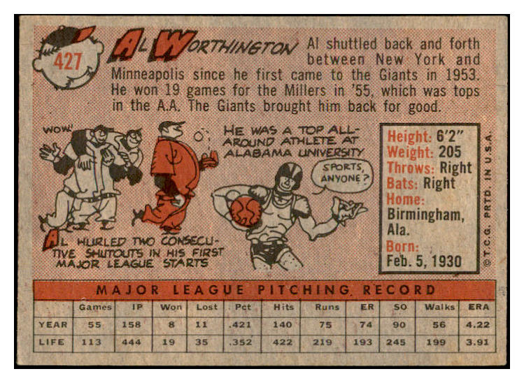 1958 Topps Baseball #427 Al Worthington Giants EX-MT 536045