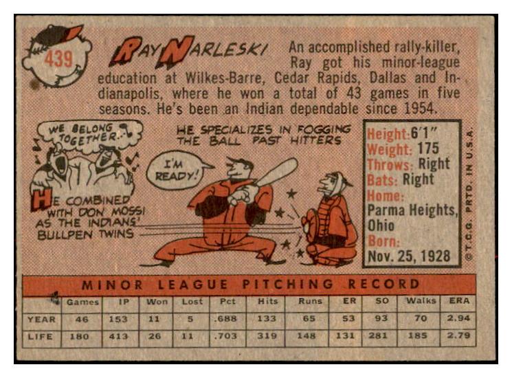 1958 Topps Baseball #439 Ray Narleski Indians EX-MT 536058