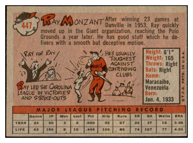 1958 Topps Baseball #447 Ray Monzant Giants EX-MT 536065